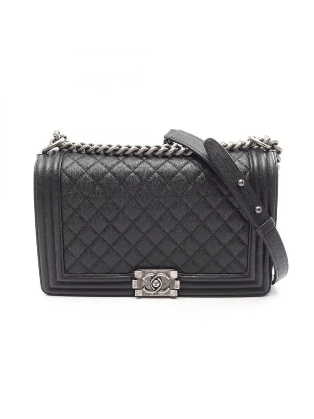 Chanel Shoulder Bag Boy Large Chest Blanc Black Caviar Leather Boy Chain